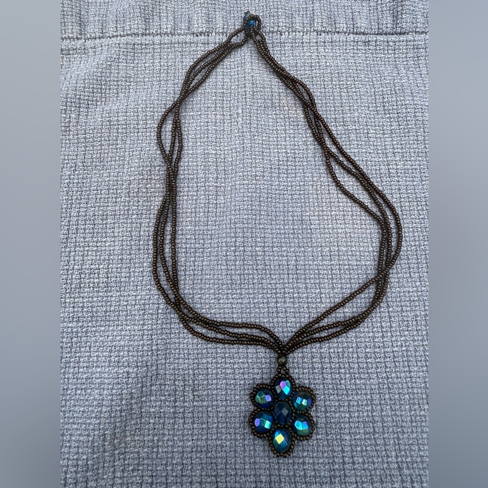 Black Beaded Necklace with Blue Pendant